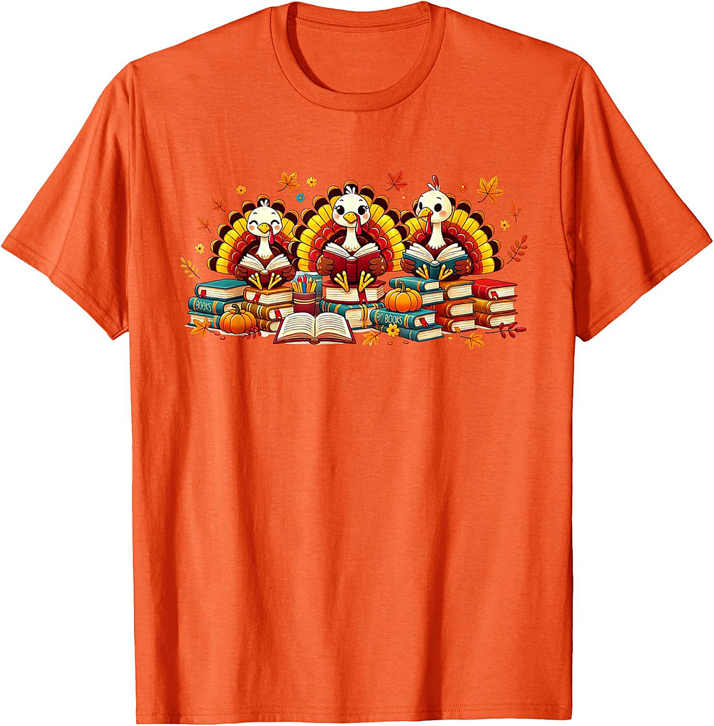 Turkey Reading Books Fall Thanksgiving Teacher Book Lovers 01 T-Shirt