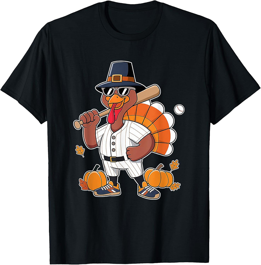 Baseball Player Turkey Funny Thanksgiving Day Boys Men T-Shirt