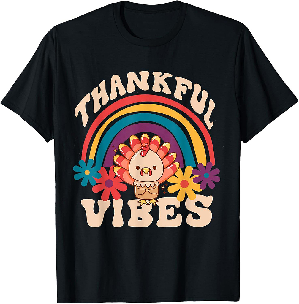 Retro Groovy Thankful Vibes Turkey Fall Funny Thanksgiving T-Shirt