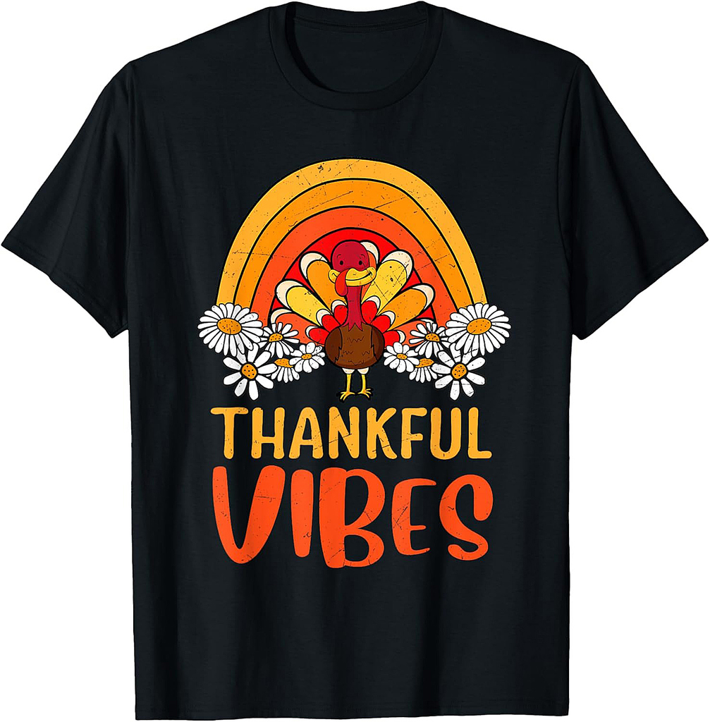 Thankful Vibes Turkey Retro Groovy Thanksgiving Rainbow T-Shirt