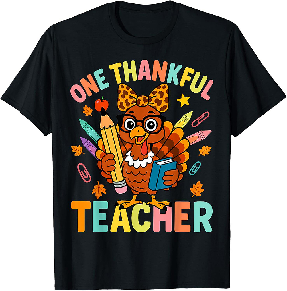 Cute Crayon Pencil One Thankful Teacher Thanksgiving Turkey T-Shirt