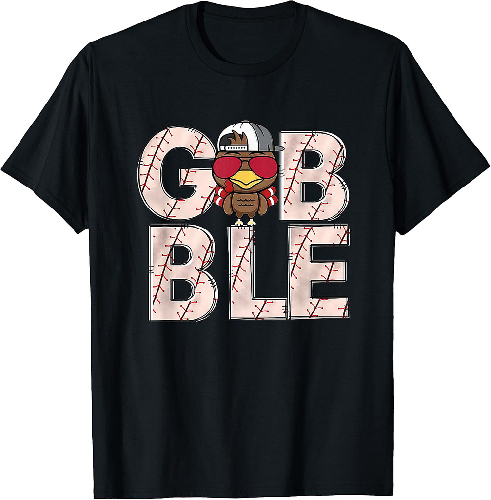 Baseball Gobble Turkey Thanksgiving Catcher Pitcher Boys T-Shirt