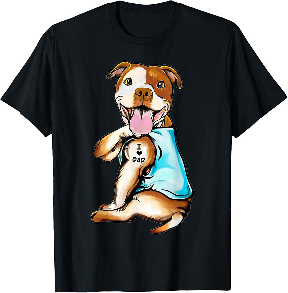 Pitbull Tattoos I Love Dad Sitting Gift Father's Day T-Shirt