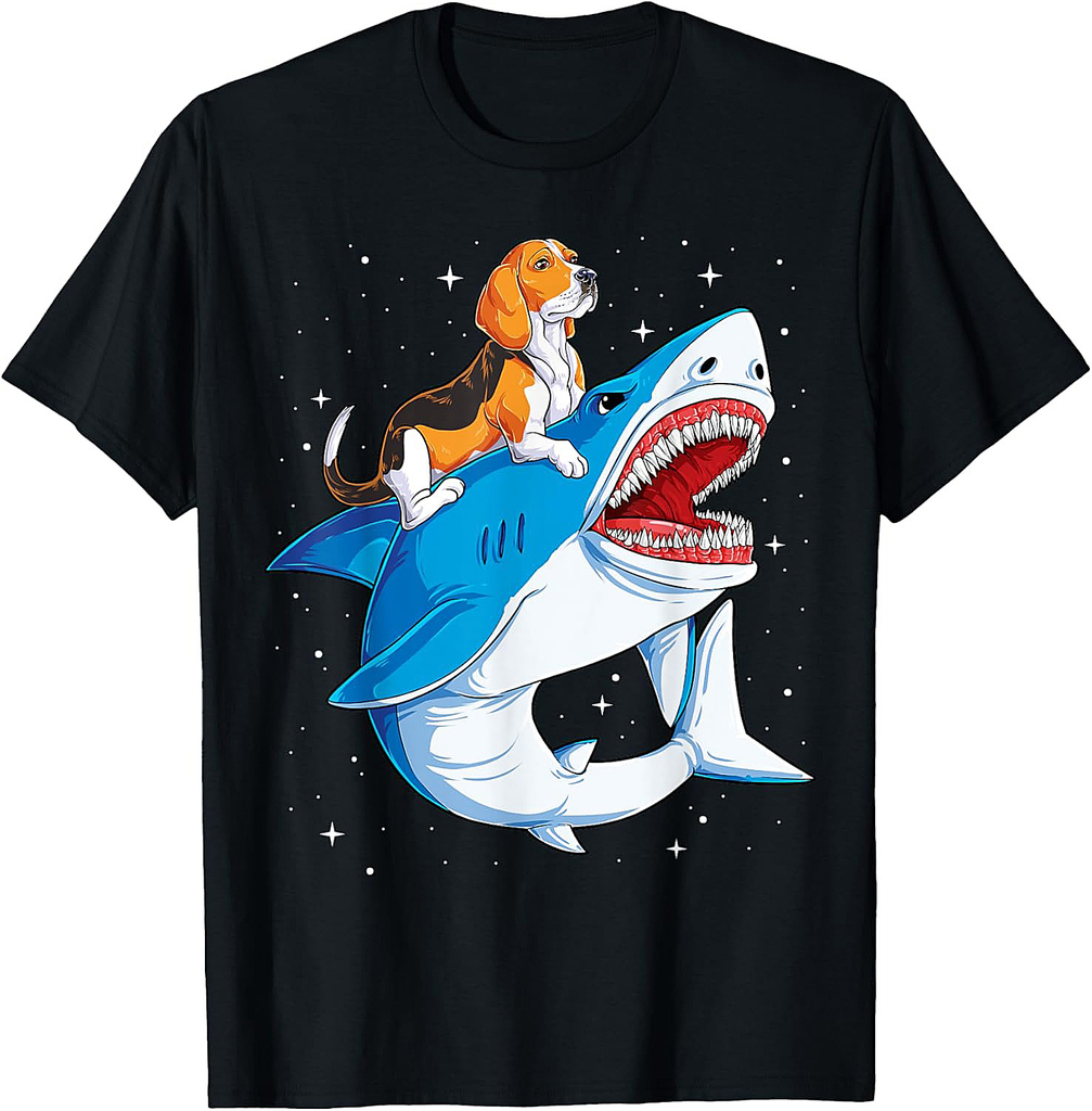 Beagle Riding Shark Jawsome Dog Lover Gifts Space Galaxy Men Women T-Shirt
