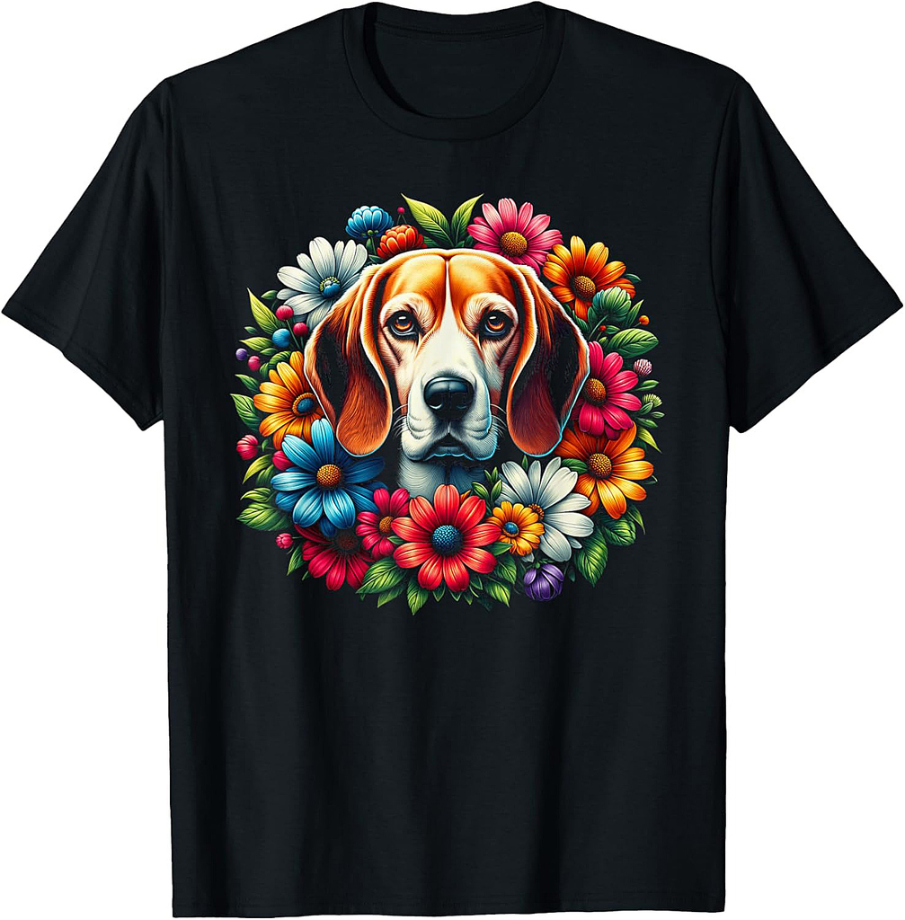 Cute Beagle in Colourful Flowers T-Shirt