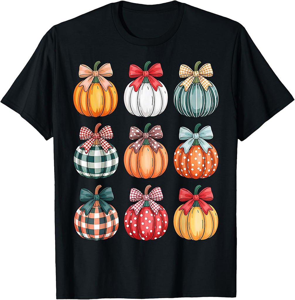 Coquette Bow Pumpkin Season Thanksgiving Autumn Fall Leaves T-Shirt