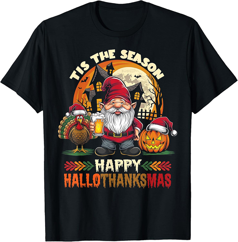 Happy Hallothanksmas Halloween Thanksgiving Merry Christmas T-Shirt
