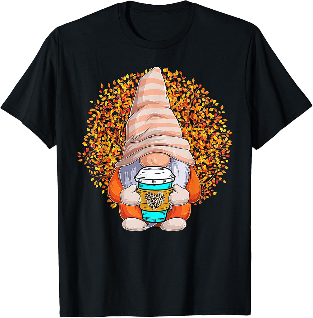 Gnome Leopard Fall Leaf Autumn Coffee Nurse Thanksgiving T-Shirt