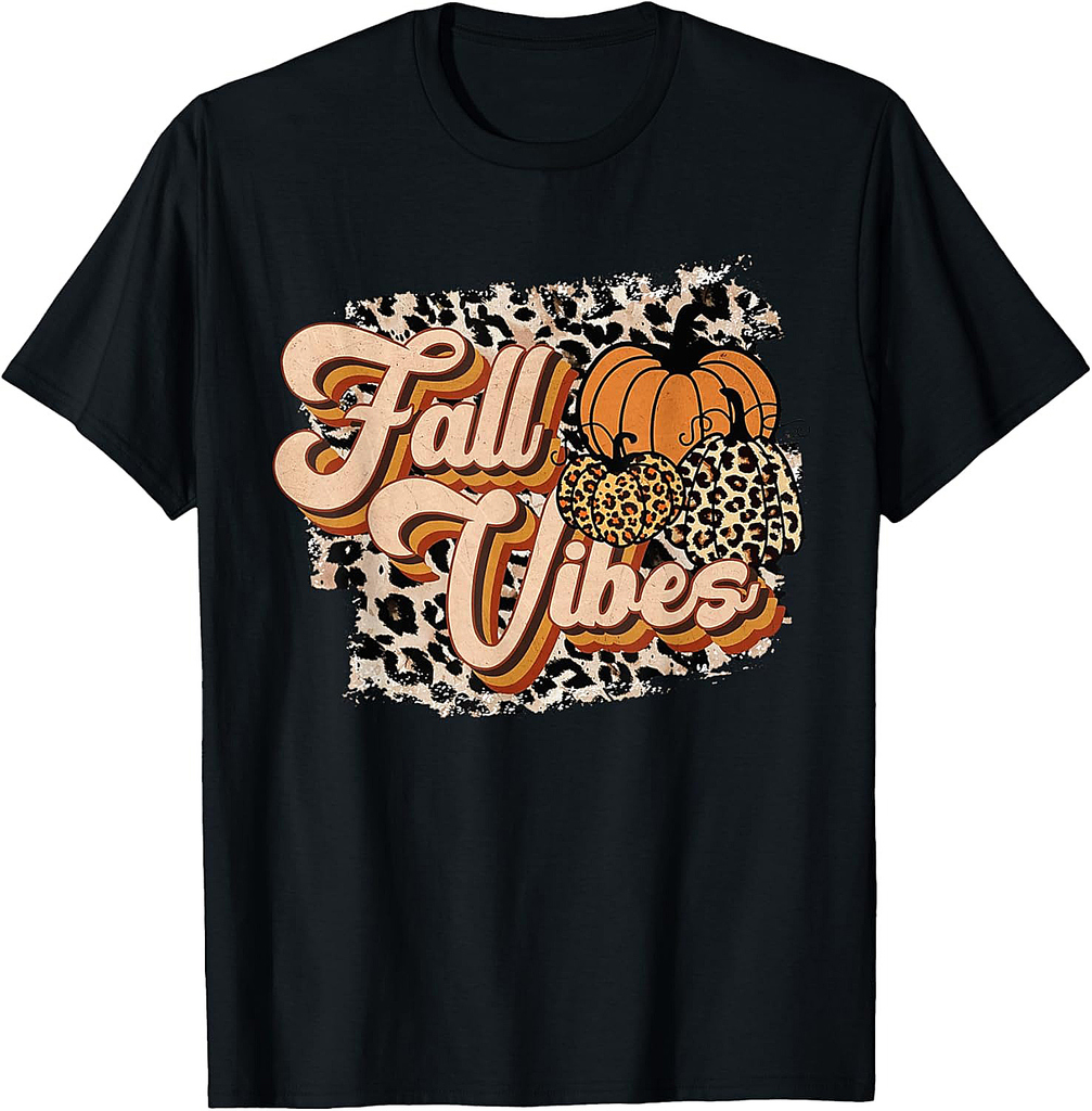 Fall Vibes Leopard Groovy Thanksgiving Autumn For Women Girl T-Shirt