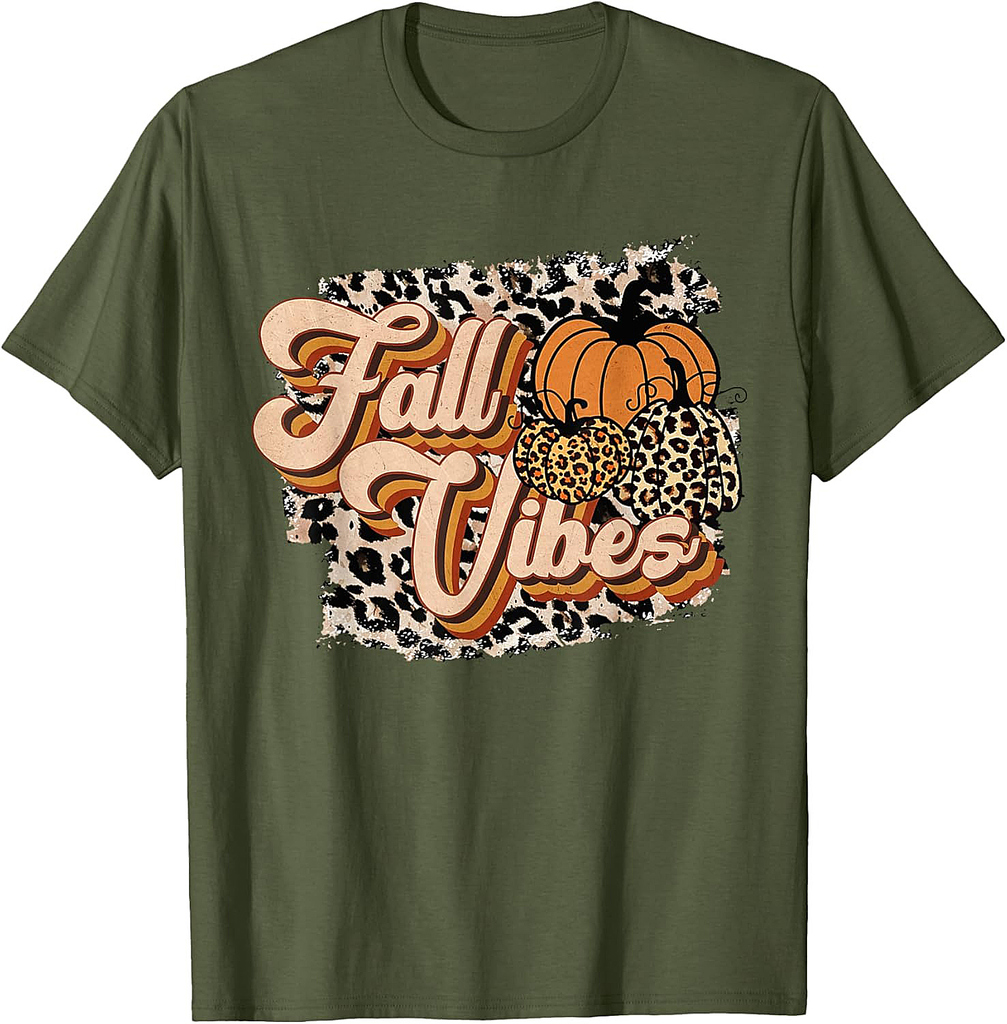 Fall Vibes Leopard Groovy Thanksgiving Autumn For Women Girl T-Shirt