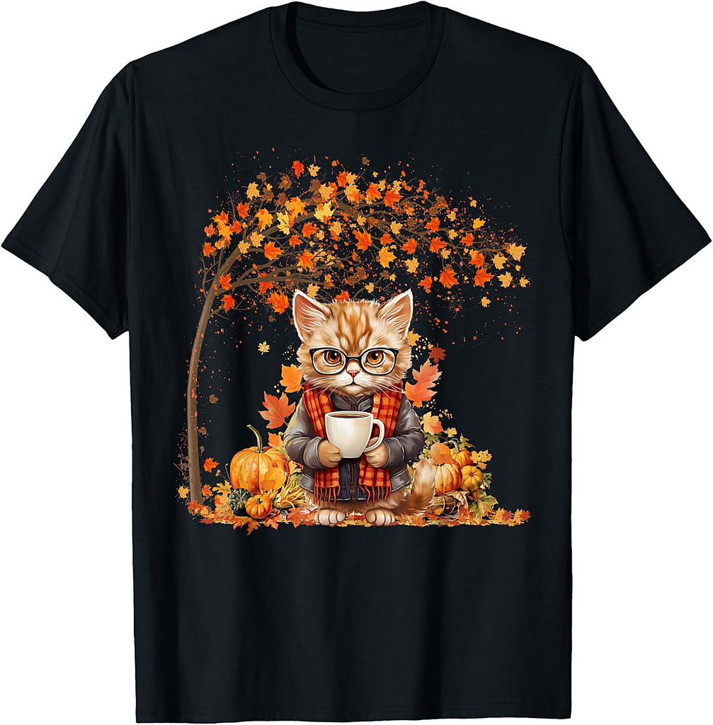 Cat Leaf Fall Hello Autumn Cat Kitten Lover Thanksgiving T-Shirt