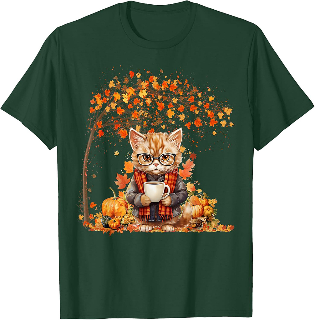 Cat Leaf Fall Hello Autumn Cat Kitten Lover Thanksgiving T-Shirt