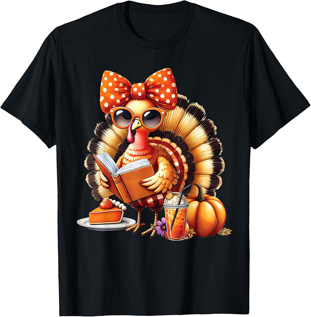 Cute Turkey Reading Book Lovers Thanksgiving Bow Womens T-Shirt
