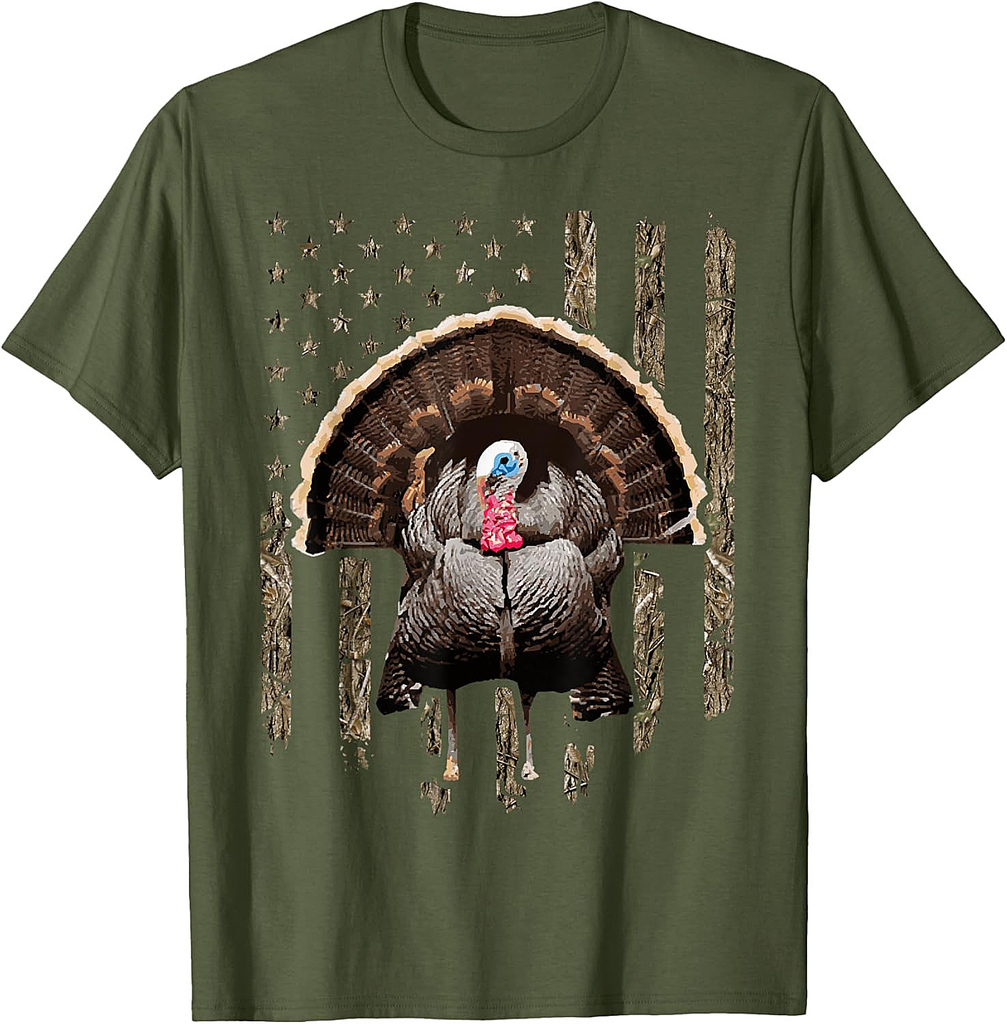Turkey Hunting Graphic American Flag Tree Camouflage T-Shirt