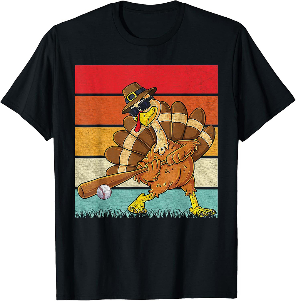 Retro Turkey & Baseball Ball Autumn Fall Vibes Thanksgiving T-Shirt