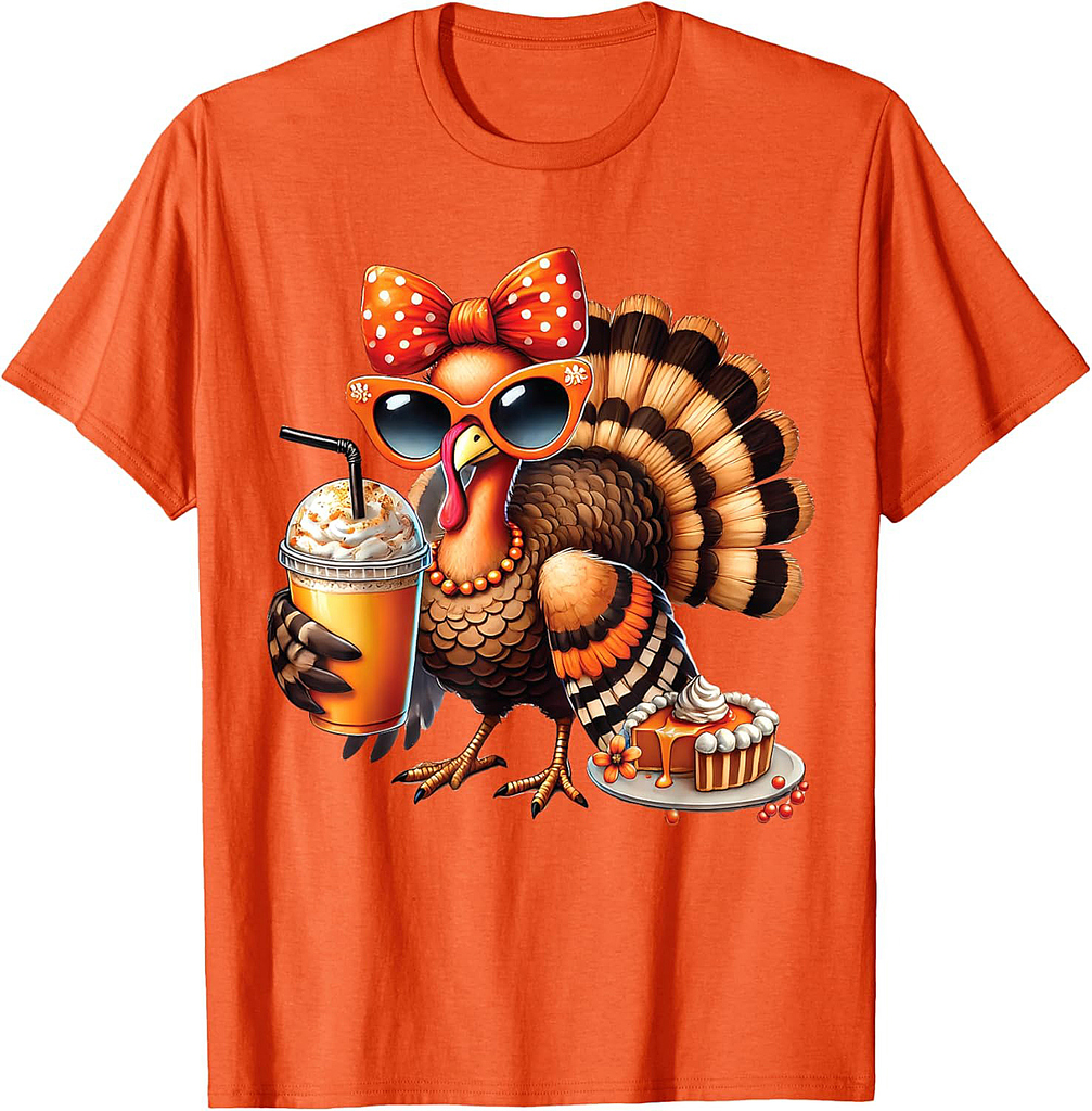 Turkey Drinking Coffee Bow Thanksgiving Womens Turkey Day T-Shirt