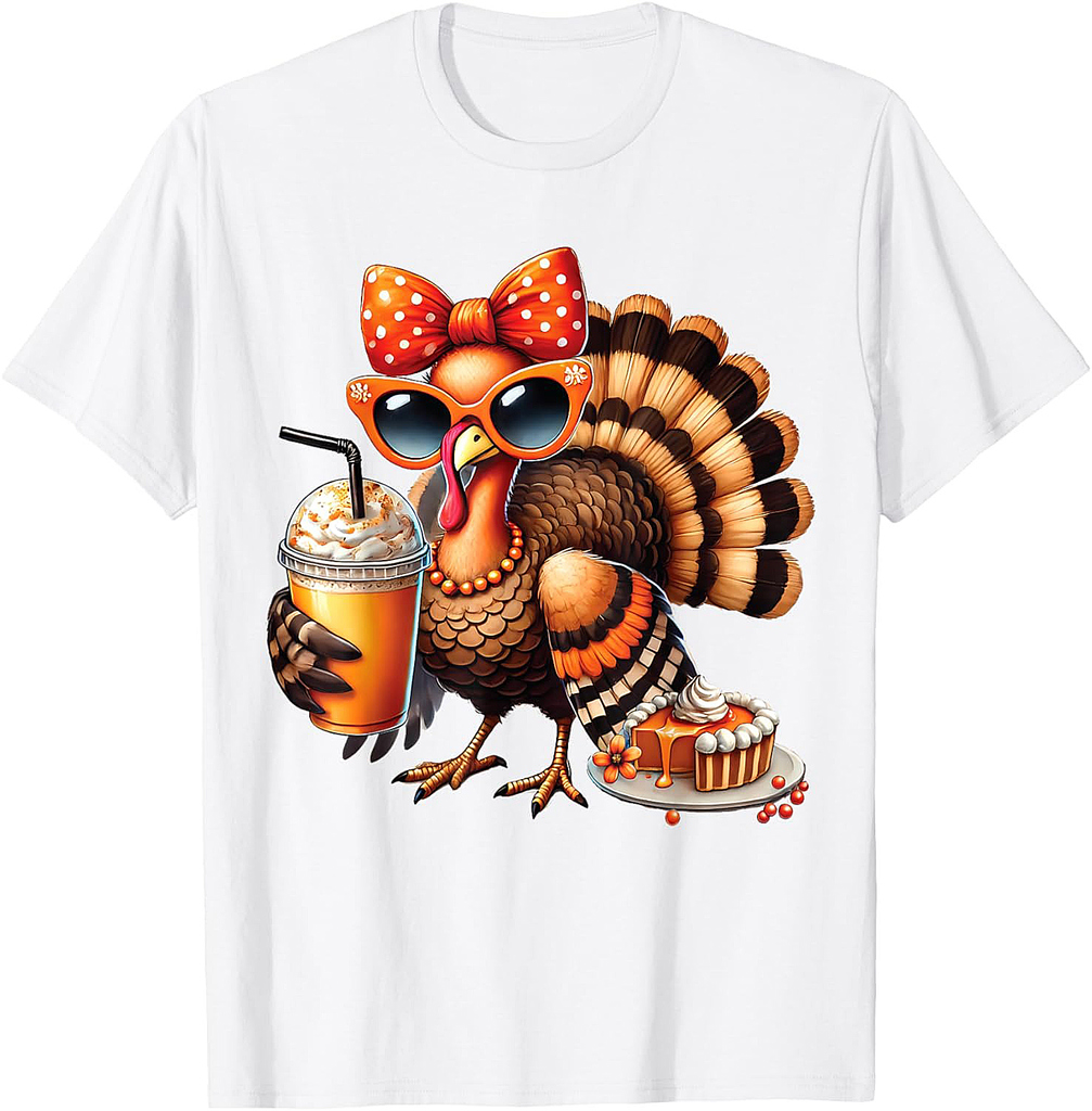 Turkey Drinking Coffee Bow Thanksgiving Womens Turkey Day T-Shirt