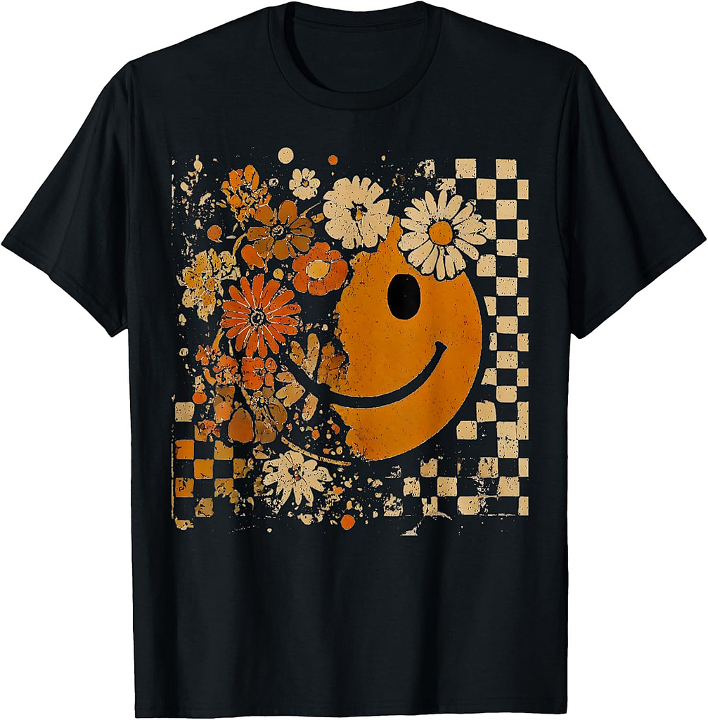Fall Vibes Smile Face Thanksgiving Floral Checkered Women T-Shirt