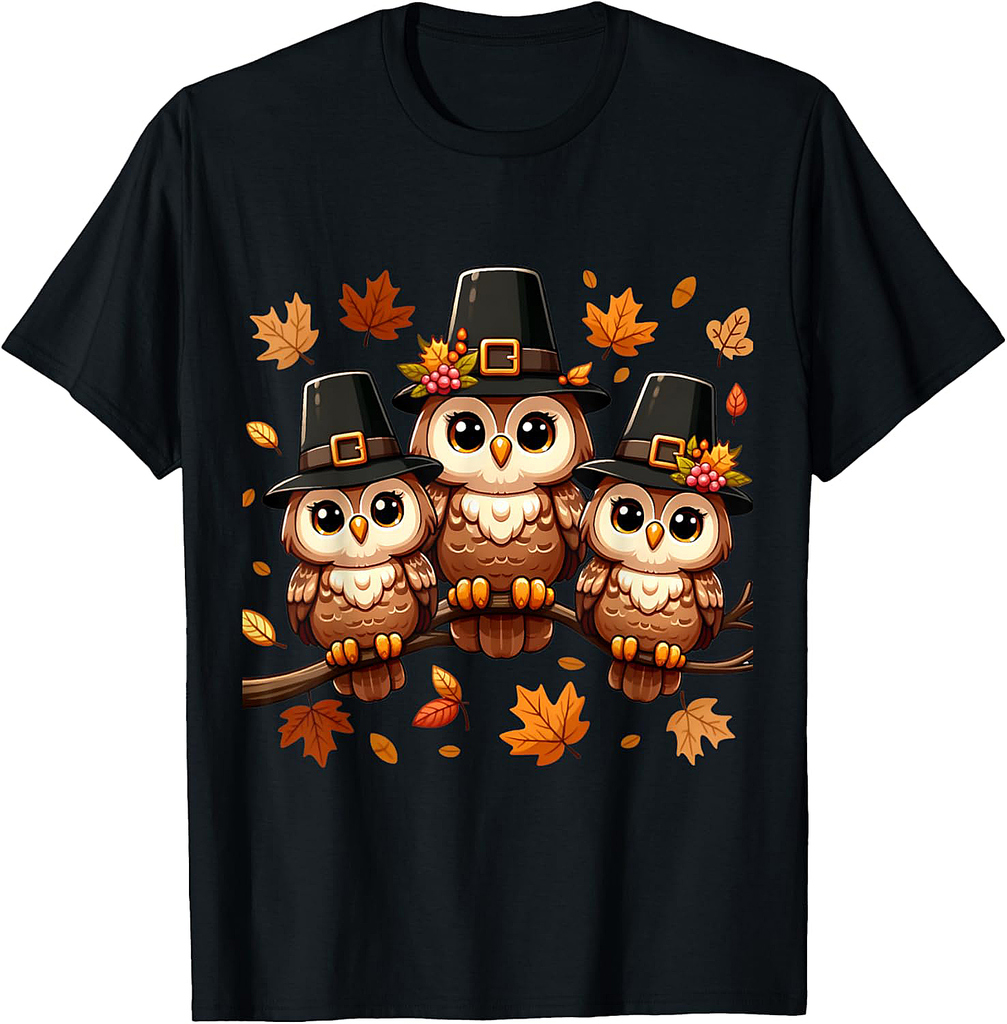 Pilgrim Owls on Autumn Perch Thanksgiving T-Shirt
