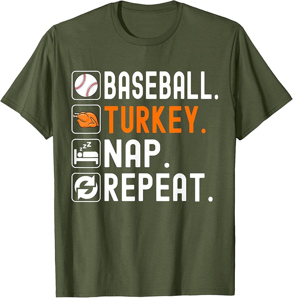 Baseball Turkey Nap Repeat Funny Baseball Thanksgiving T-Shirt