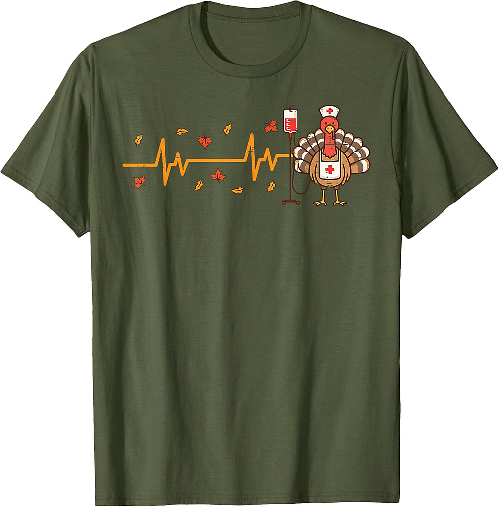Thanksgiving Nurse Heartbeat Turkey Fall Scrub Top Women Men T-Shirt