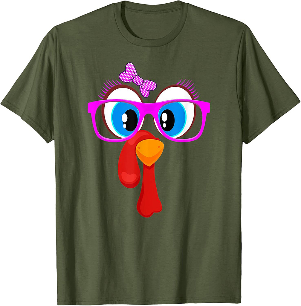 Thanksgiving Turkey Girl Face Pink Sunglasses Blue Eyes T-Shirt
