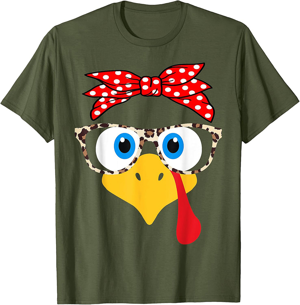 Turkey Face Leopard Print Glasses Thanksgiving Women Girl T-Shirt