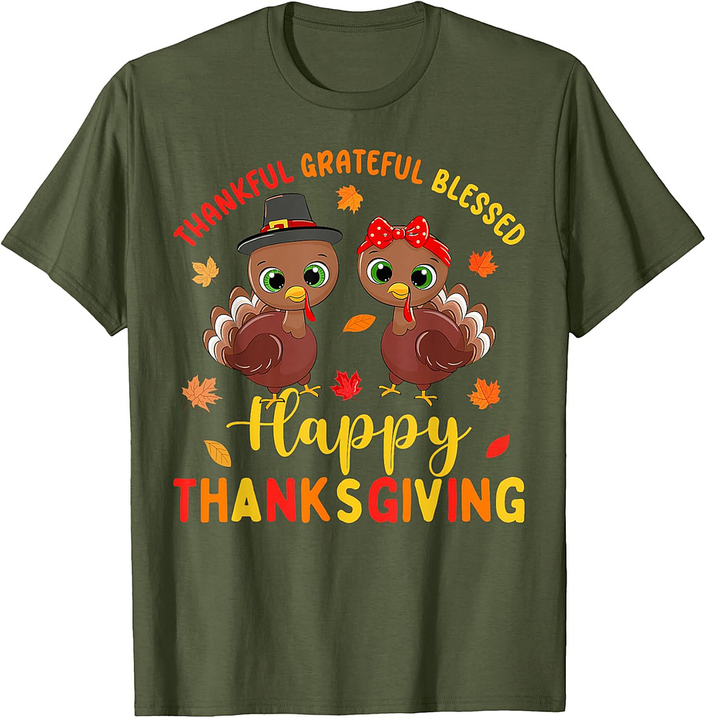 Thankful Grateful Blessed Thanksgiving Turkey Women Girls T-Shirt