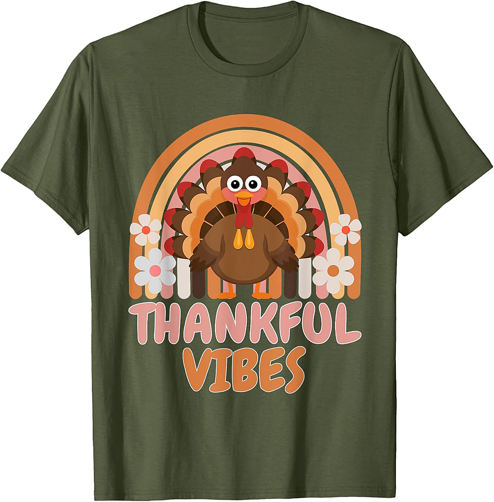 Thankful Vibes Turkey Rainbow Funny Retro Thanksgiving Women 001 T-Shirt