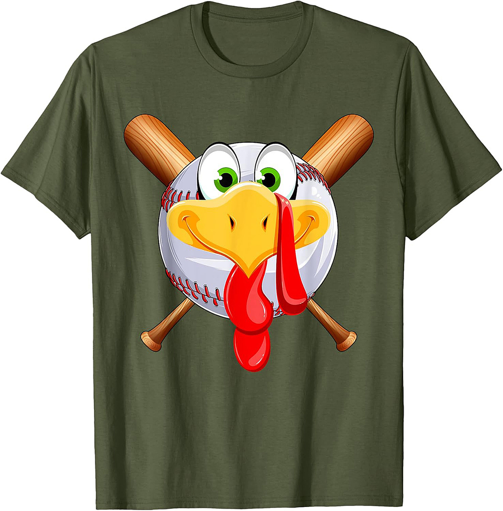 Funny Turkey Face & Baseball Ball Fall Vibes Thanksgiving T-Shirt