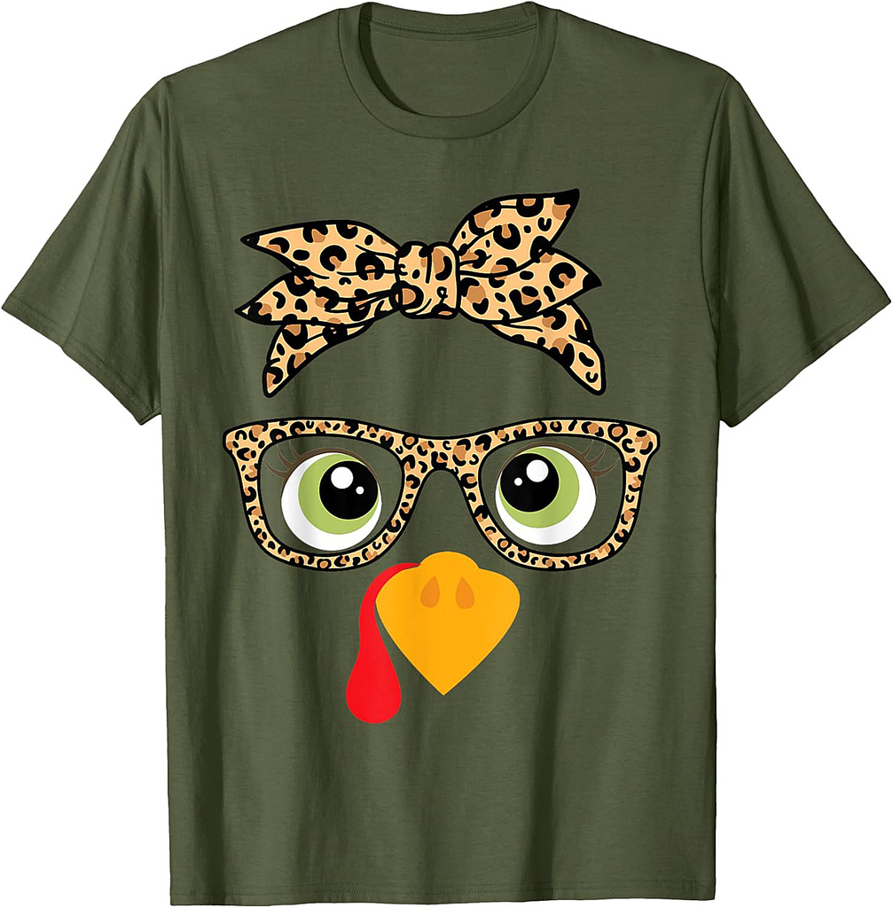 Thanksgiving Turkey Face Leopard Print Glasses Women Girls T-Shirt