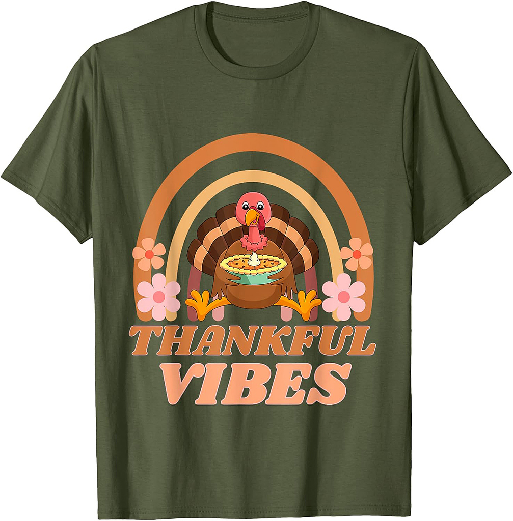 Thankful Vibes Turkey Rainbow Funny Retro Thanksgiving Women 002 T-Shirt