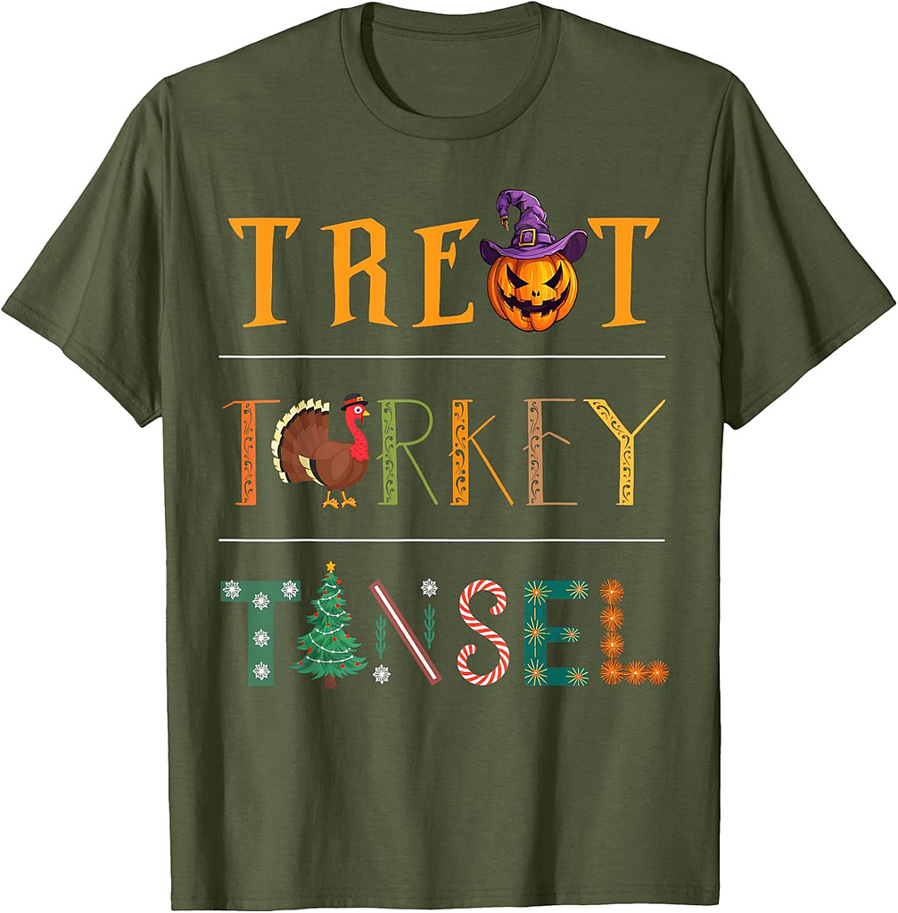 Treat Turkey Tinsel Halloween Thanksgiving Christmas Mashup T-Shirt