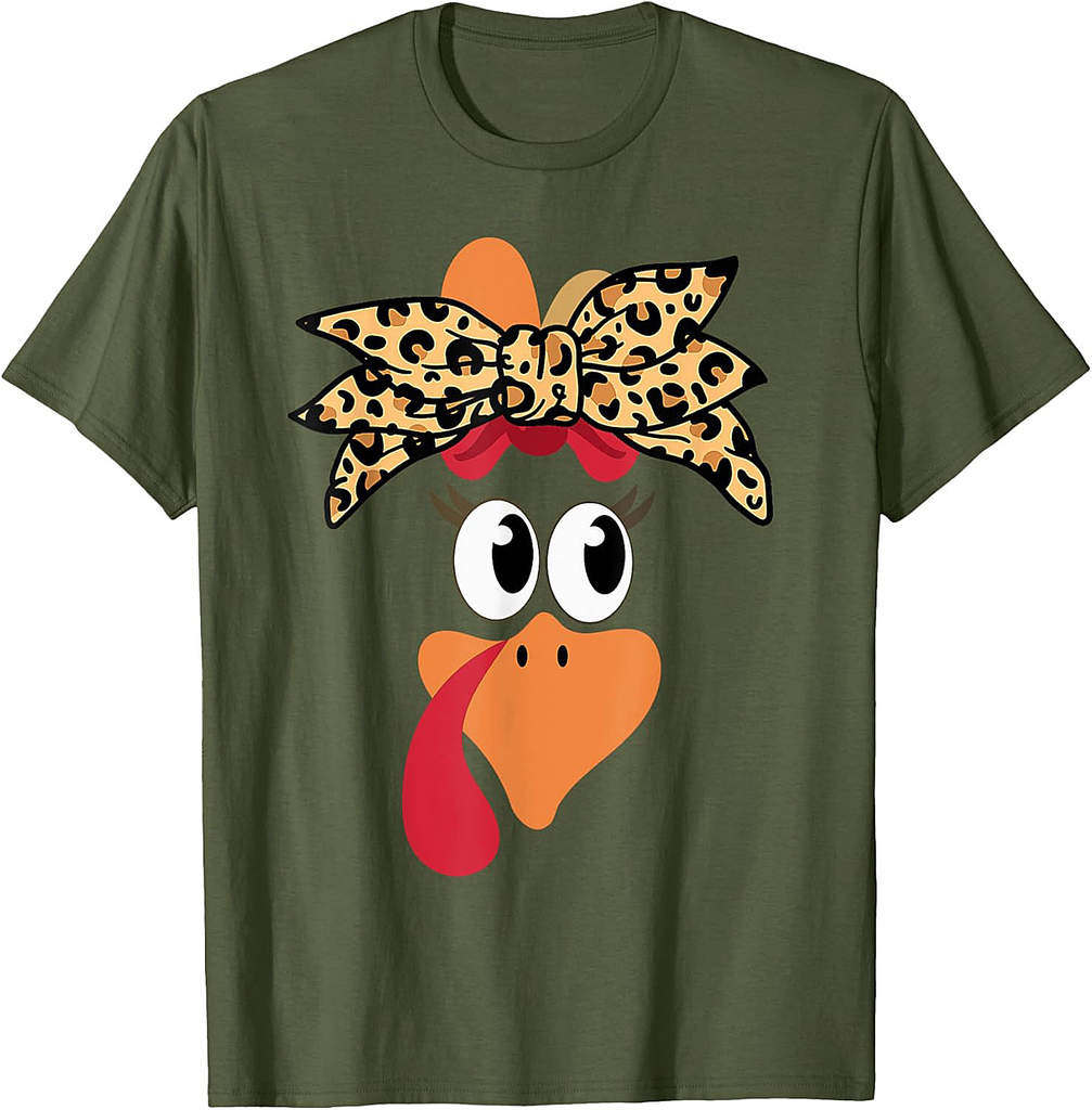 Turkey Face Girl Leopard Bow Thanksgiving Costume Turkey T-Shirt