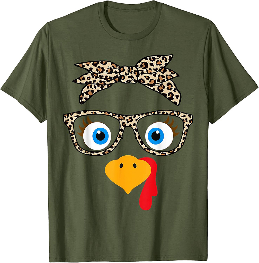 Leopard Print Thanksgiving Turkey Face Glasses Women Girls T-Shirt