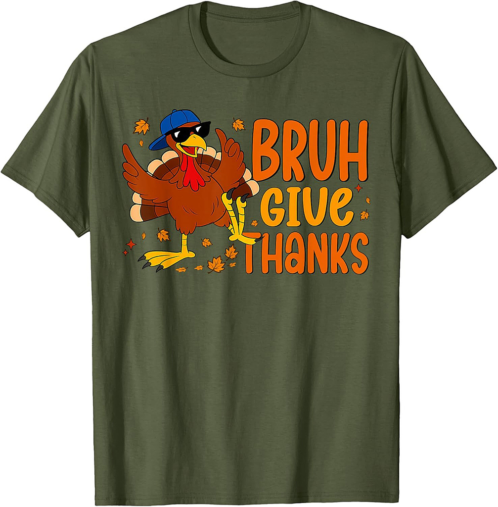 Give Thanks Bruh Thanksgiving Thankful Turkey Fall Leaves T-Shirt