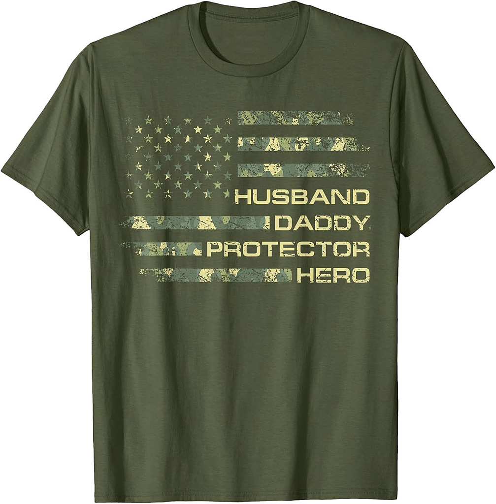 Husband Daddy Protector Hero Fathers Day Camo American Flag T-Shirt
