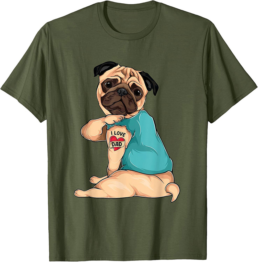 Father's Day Gift Funny Dog Pug I Love Dad Tattoo T-Shirt