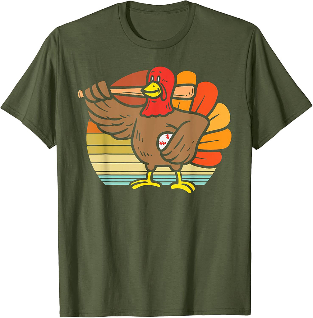 Turkey Baseball Retro Thanksgiving Sports Men Boys T-Shirt