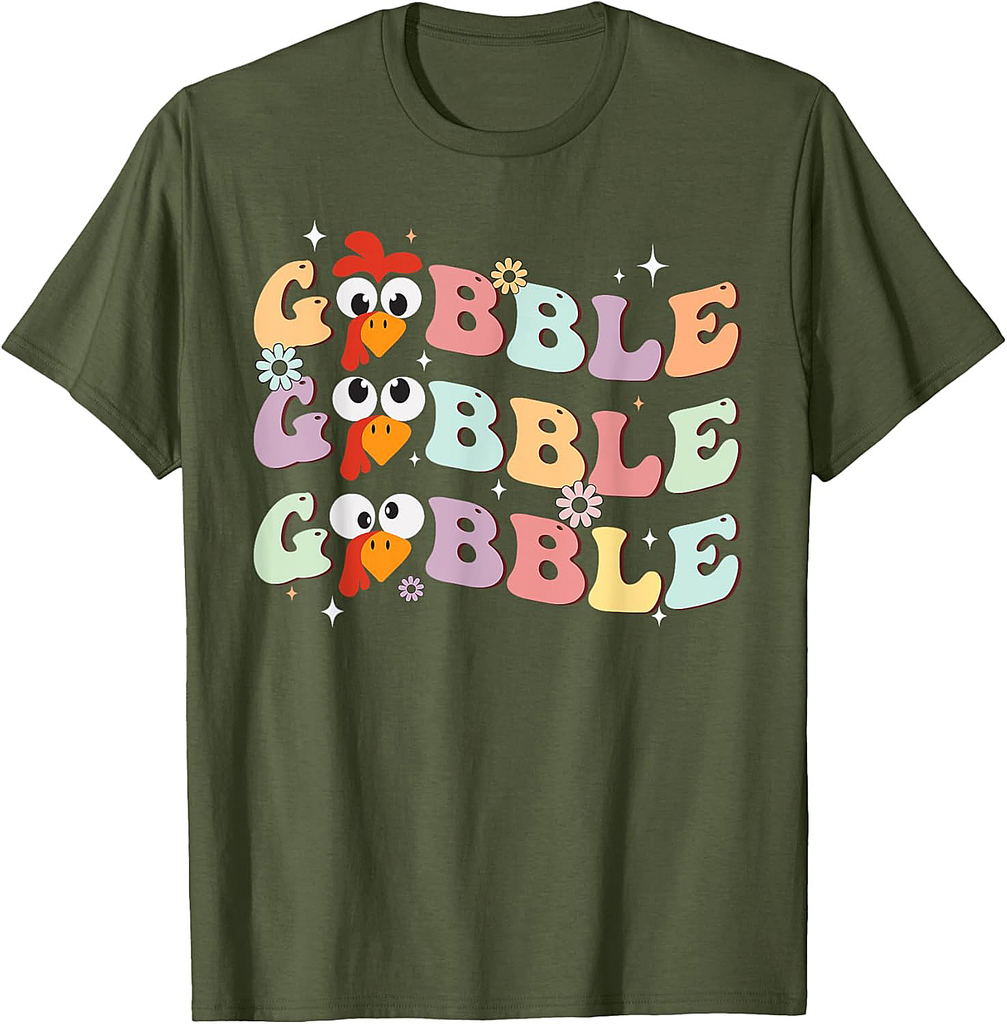 Men Groovy Retro Gobble Gobble Happy Thanksgiving Turkey Day T-Shirt