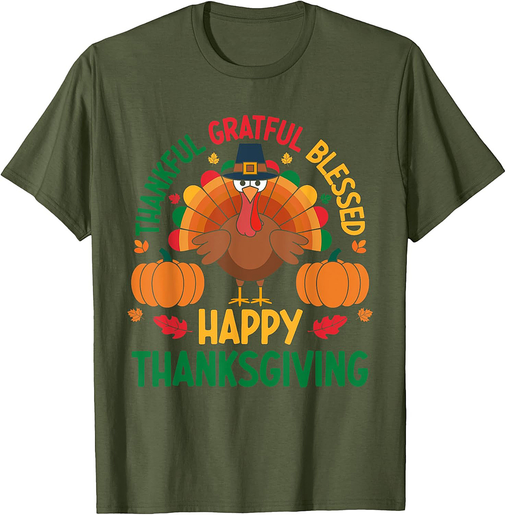 Thankful Grateful Blessed Happy Thanksgiving Turkey T-Shirt