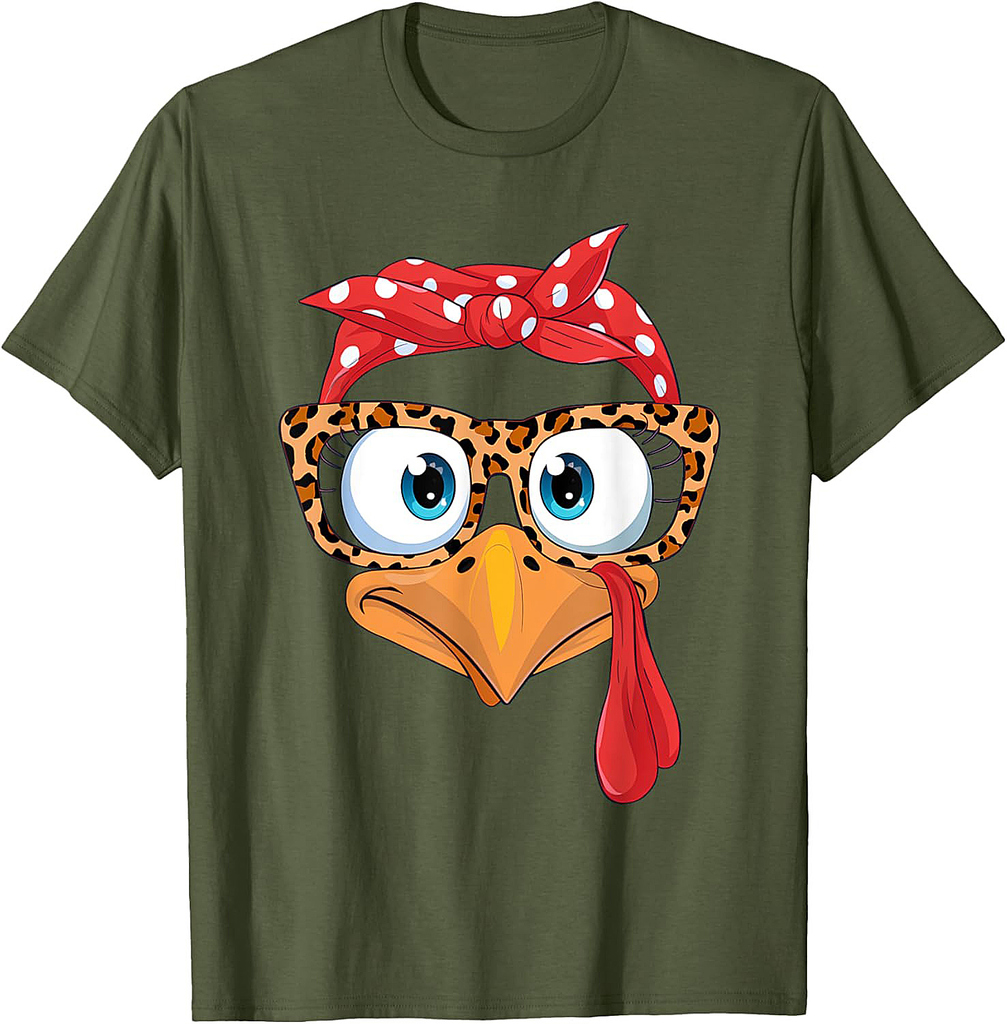 Thanksgiving Turkey Face Leopard Print Glasses Womens Girls T-Shirt