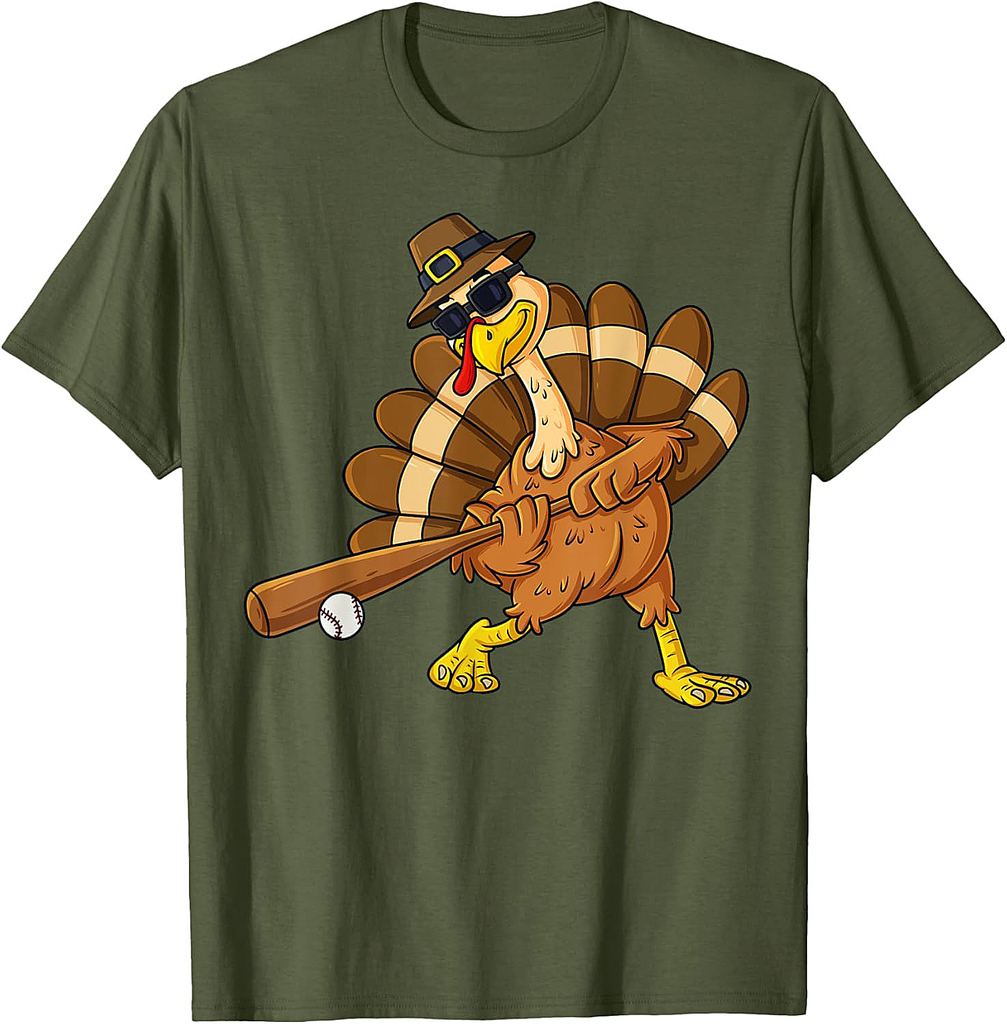 Thanksgiving Turkey Swinging Baseball Bat Boys Teens T-Shirt