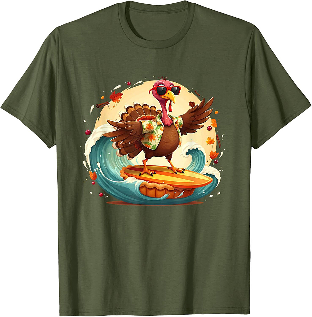 Funny Surf Hawaiian Turkey Surfing Pumpkin Pie Thanksgiving T-Shirt