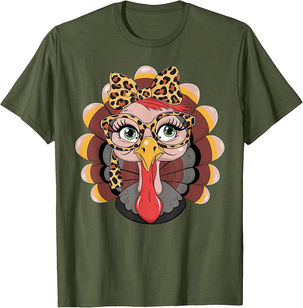 Thanksgiving Turkey Face Leopard Print Glasses Women Girls T-Shirt
