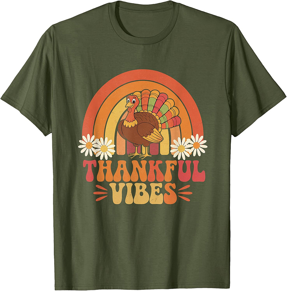 Retro Vintage Thankful Vibes Turkey Rainbow Thanksgiving T-Shirt