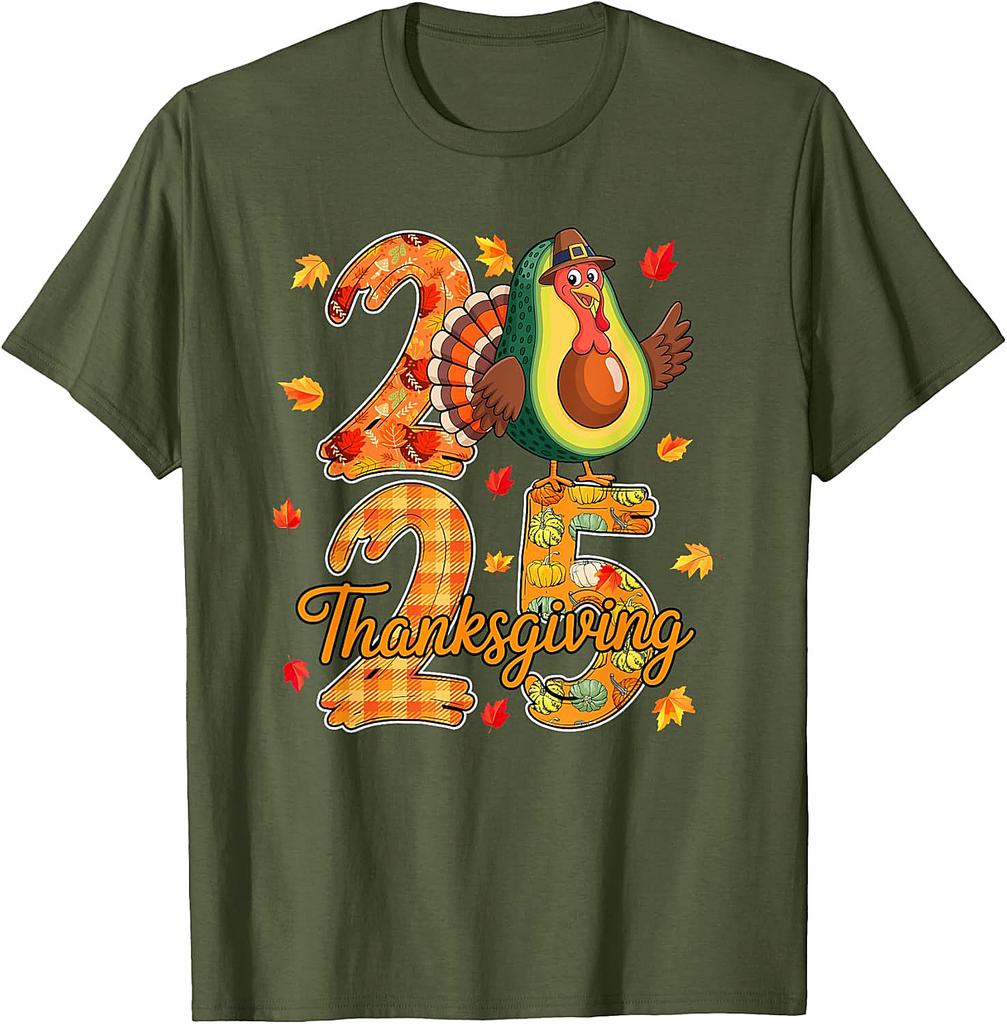 Thanksgiving 2025 Cute Turkey As Avocado Vegan Fall Leaves T-Shirt