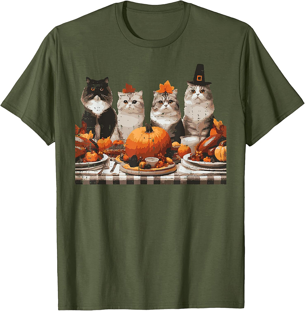 Thanksgiving Cats Dinner Feast Vintage Fall Men Women T-Shirt