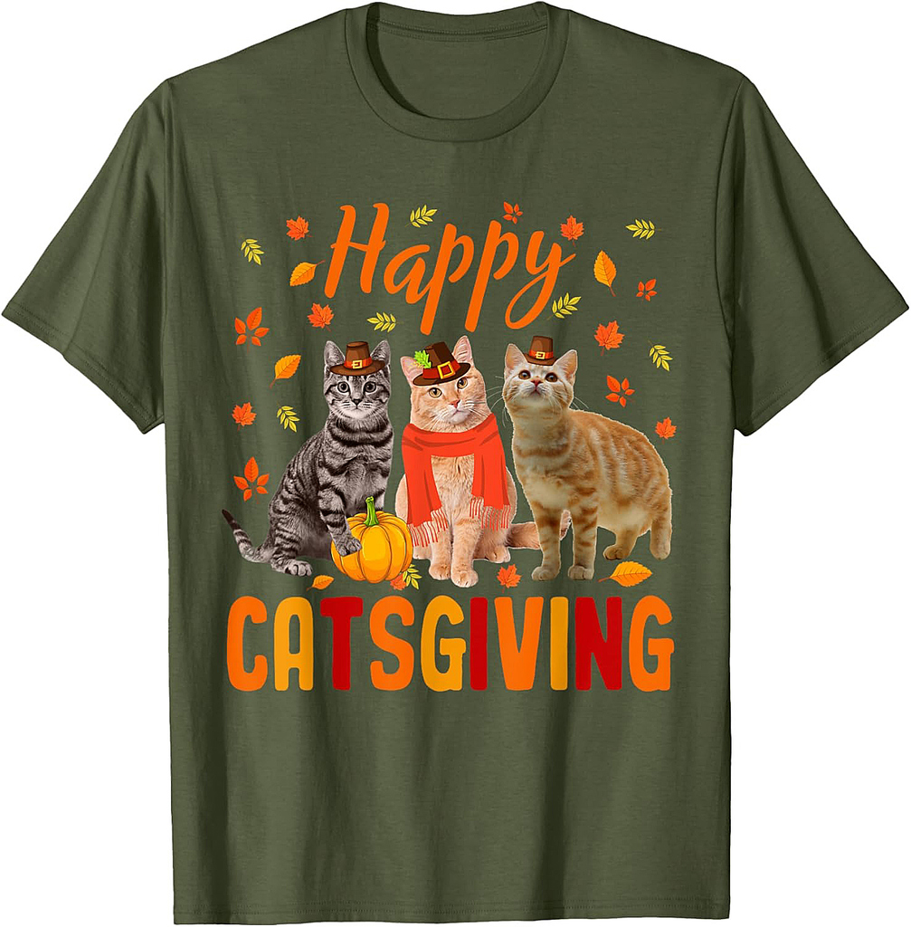 Happy Catsgiving Cute Thanksgiving Cat Wears Pilgrim Hat T-Shirt