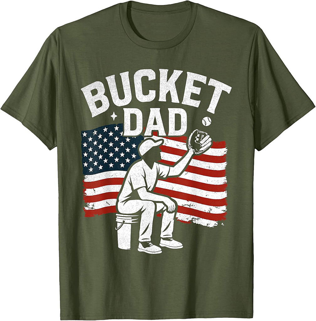 Father's Day Bucket Dad Baseball Coach Vintage American Flag T-Shirt